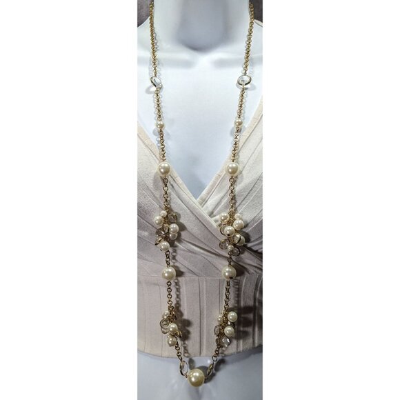 Elegant Glam Faux Pearl Cluster Gold Tone Opera Necklace - Picture 2 of 8